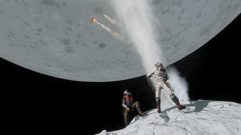 CMDR LCU No Fool Like One fires off sensitive scientific instruments at the moon while CMDR Wotherspoon looks on